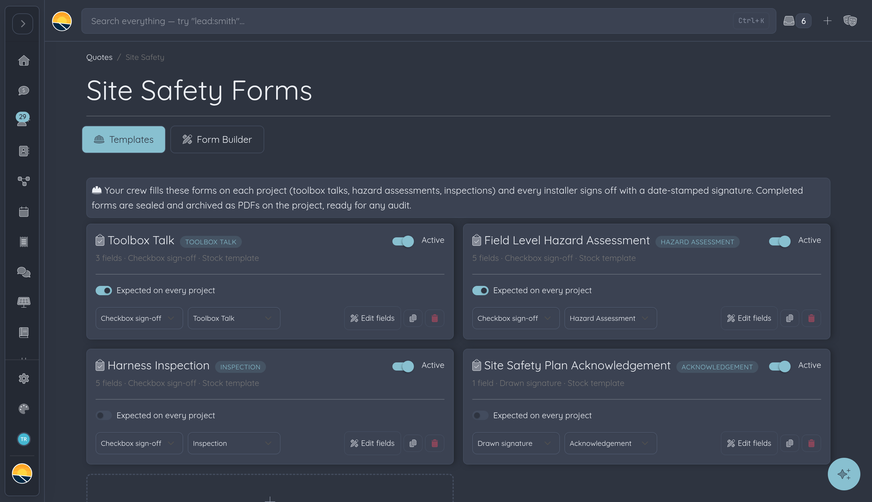 The stock site safety form templates in Powerlily